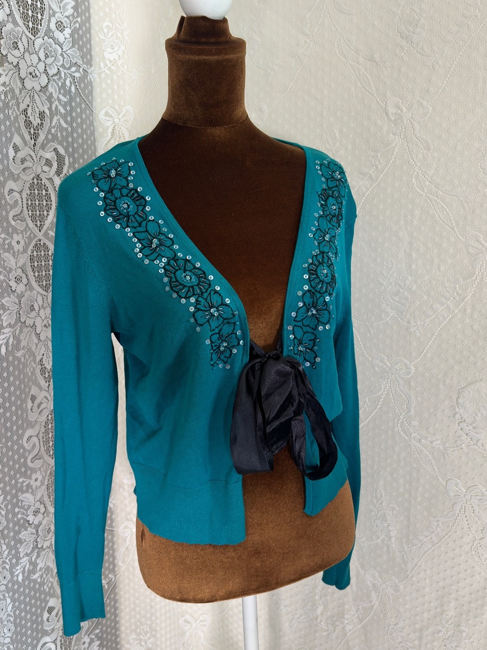 Embellished Teal Tie-Front Cardigan Sweater